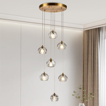 7-Light Pendant Light Fixtures, 21W Crystal Raindrop Chandelier Cluster Modern, Brass Ceiling Light Fixture Chandelier with Clear Cut Crystal for Dining Room Foyer Hallway A116-B0B6CMD1KC