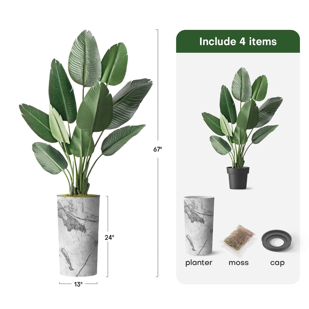 Artificial Tree in Gray Marble Effect Planter, Fake Bird of Paradise Silk Trees for Indoor and Outdoor Home