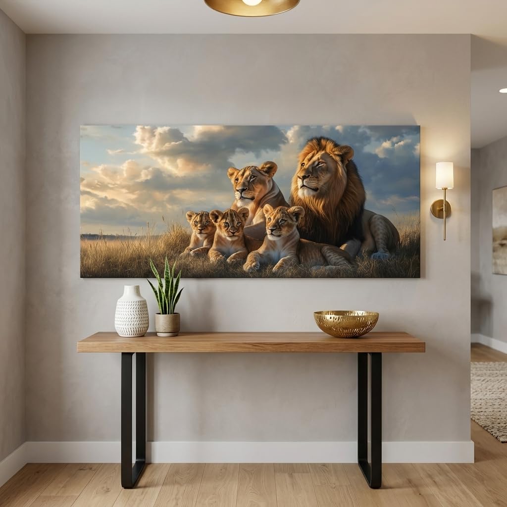 Blue Lion Family Wall Art Modern Canvas Painting Wildlife Landscape Animal Prints Artwork Office Hallway Bedroom