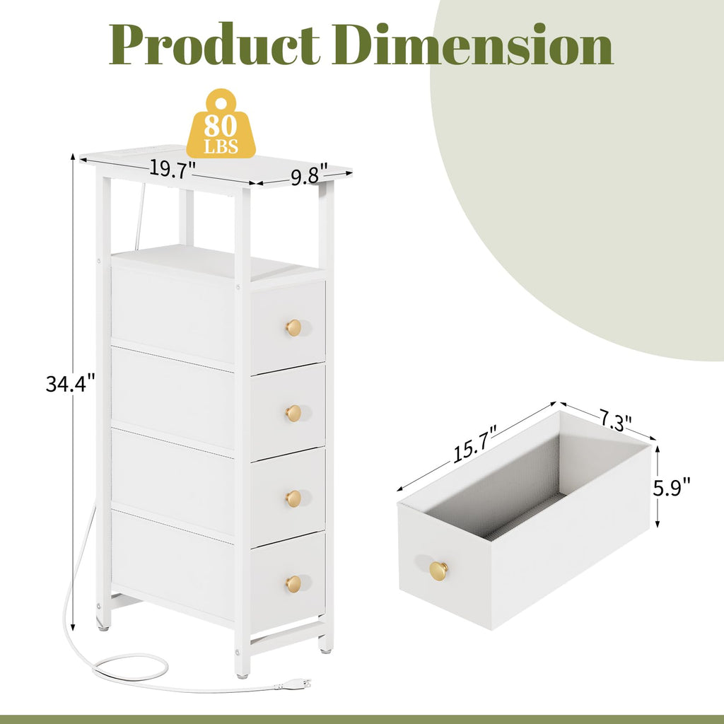 Narrow Nightstand with Charging Station, LED Tall Narrow Side Table