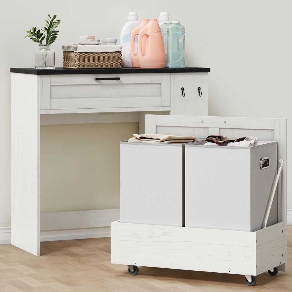 Laundry Hamper Cabinet, Double Laundry Cabinet with Two 11 Gallon Baskets and Drawer, Pull-Out Storage Unit with