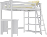 High Loft Bed, Twin Bed Frame for Kids With Bookcase and Desk, White