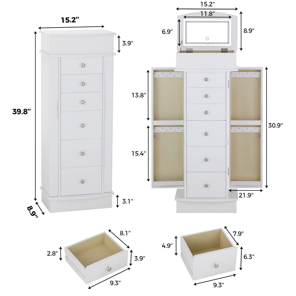 Jewelry Cabinet with LED Mirror and 6 Drawers, White
