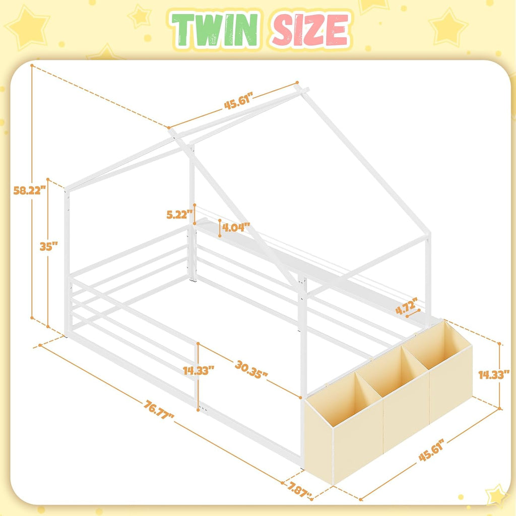 House Bed with Storage Organizer, Metal Montessori Floor Bed for Kids