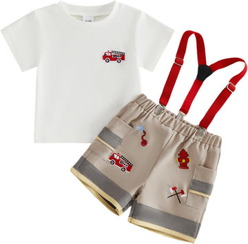 Toddler Baby Boy Summer Clothes Firefighting T Shirt Suspender Shorts Set