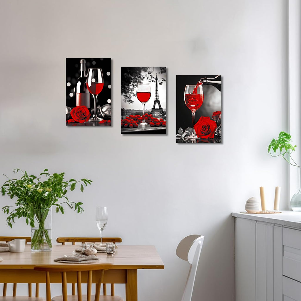 Wine Decor Kitchen Canvas Prints 3 Panel Black White and Red Wine with Rose Wall Eiffel Tower Painting Restaurant