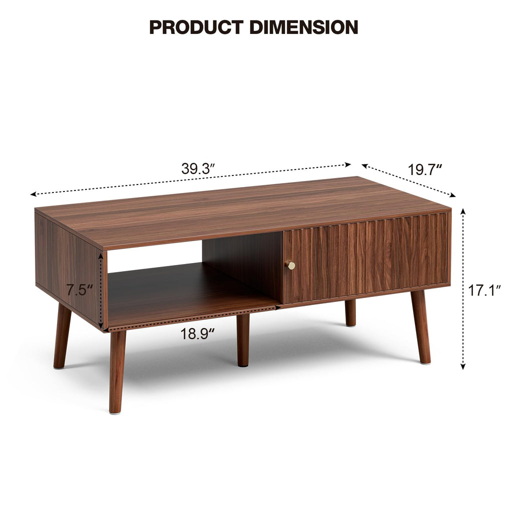 Coffee Table with Fluted Sliding Door, Mid-Century, Walnut