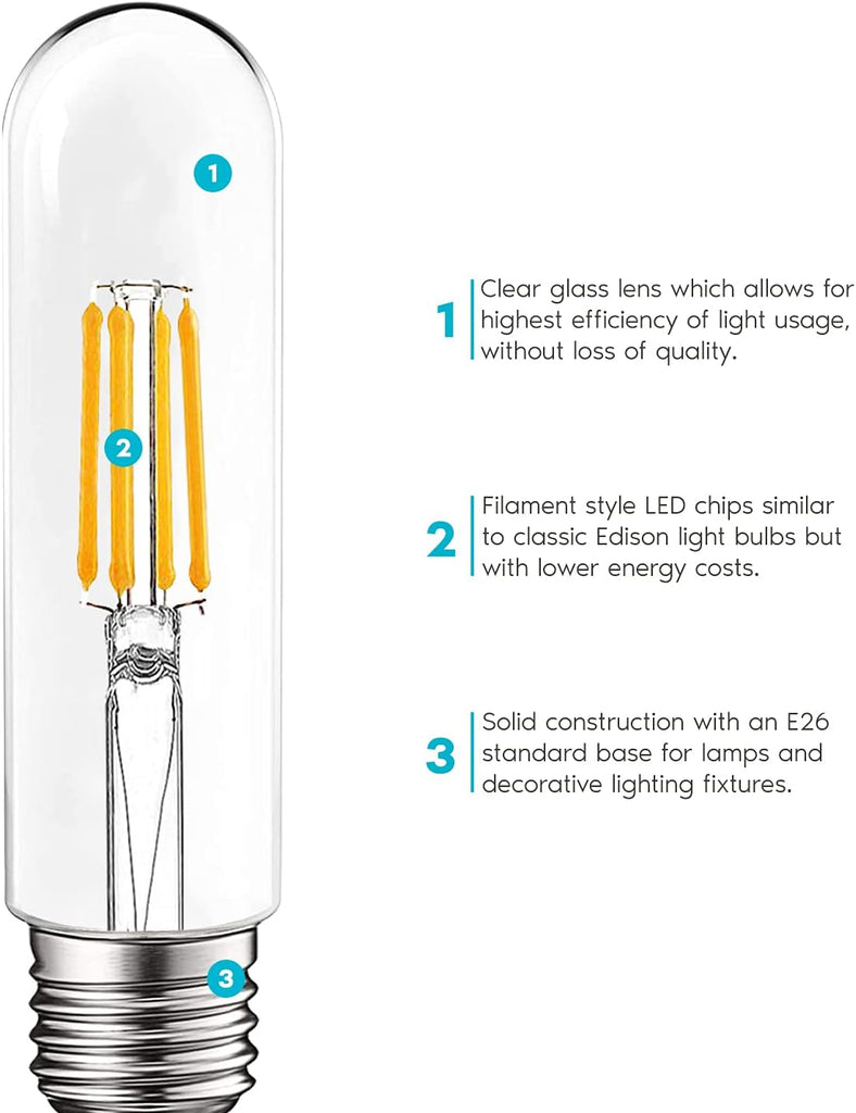 T10 LED Bulb, 5W=60W Equivalent, 3000K Soft White, Vintage Edison Filament Bulb, 500 Lumens, Tubular Light Bulb, Damp