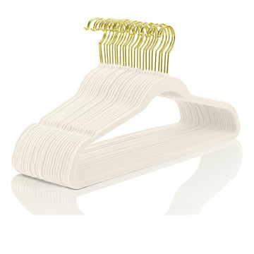 Premium Velvet Hangers Pack 40 Pcs Heavy Duty - Non Slip Felt Hangers - Velvet Suit Hangers Ivory with Gold
