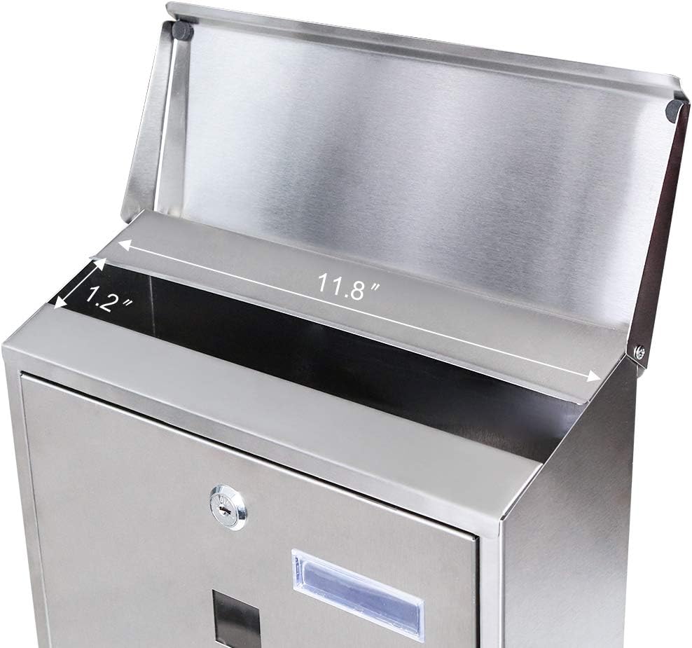 Stainless Steel Mailbox with Key Lock, Metal Wall Mount Rust-Proof Mail Box with Newspaper Compartment 15.4" x 12"