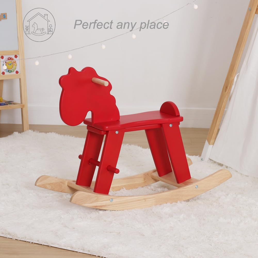 Red Wooden Rocking Horse for Preschool (Ages 3-6) - Solid Rubber Wood, Safe & Comfortable Footrest, Supports Physical