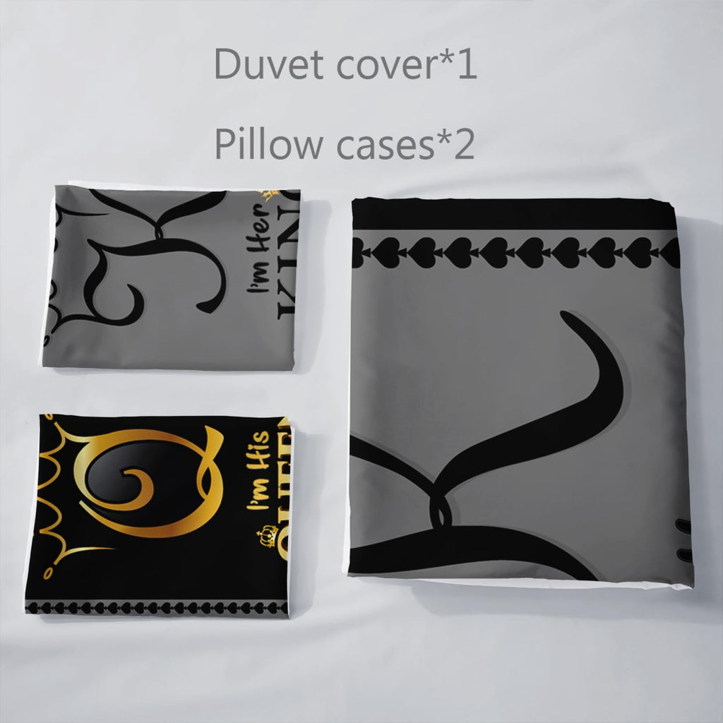 Grey and Black Duvet Cover Set King, K and Q Printed Crown Couple Bedding Set Gifts,3 Piece His Her Themed Lightweight