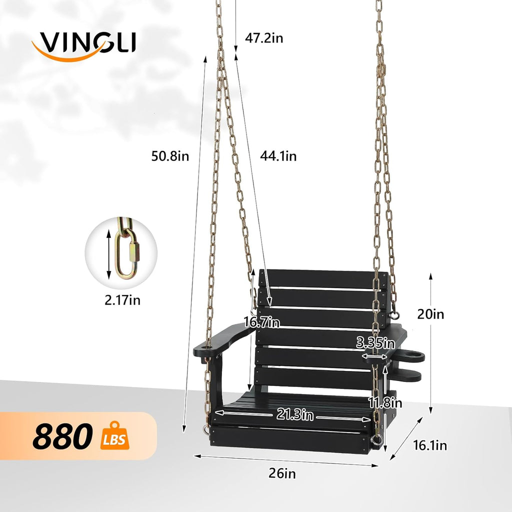 2.2FT HDPE Porch Swing Outdoor with Rotatable Cup Holder, Black | 880 LBS Heavy Duty Recycled Plastic Porch Swing