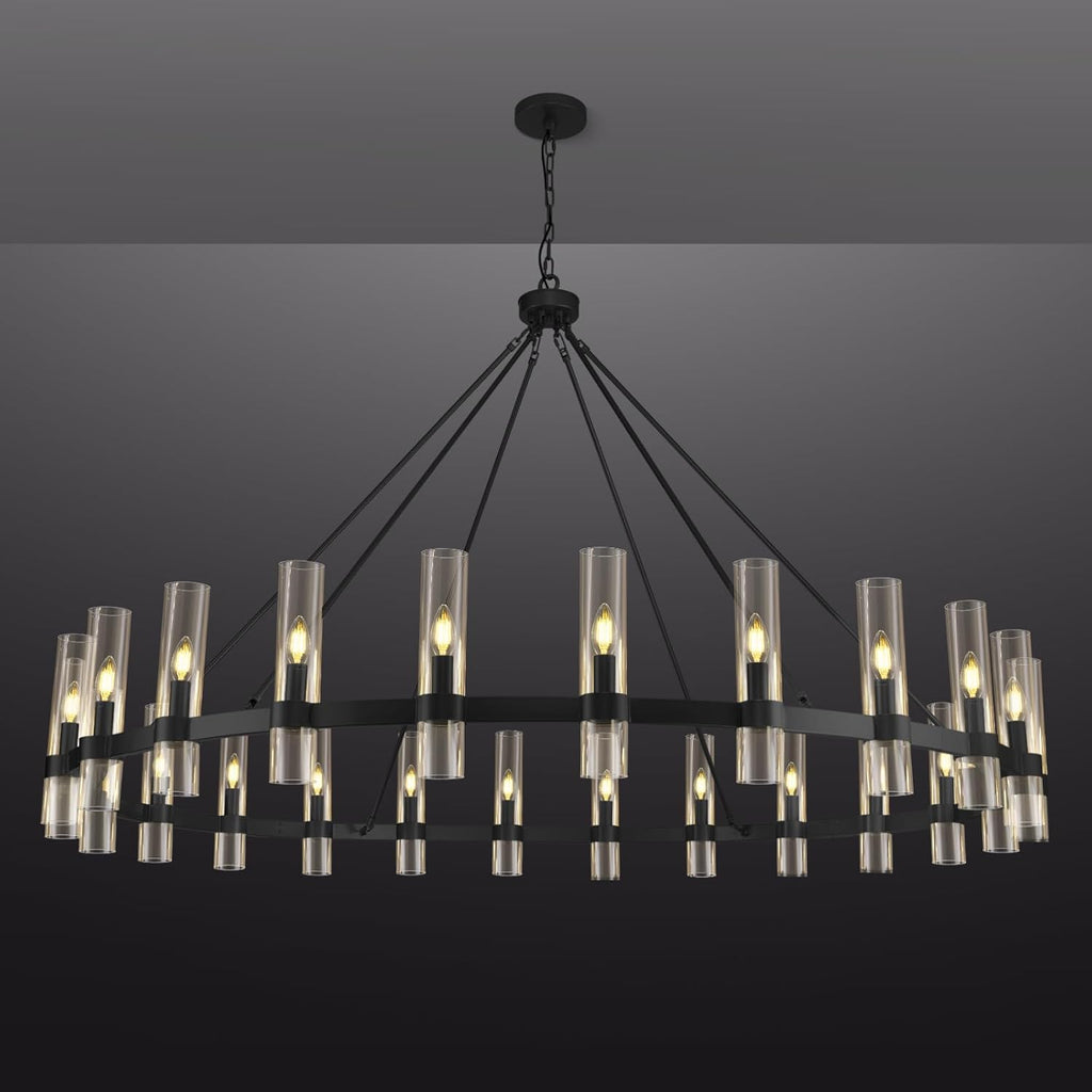 Black Wagon Wheel Chandelier, 70 Inch Glass Chandeliers, 24 Light Chandelier for High Ceiling, Modern Farmhouse Chandeliers for Living Room, Dining Room, Entryway, Stairwell (Bulbs Included) A115-B0F29CS3HQ