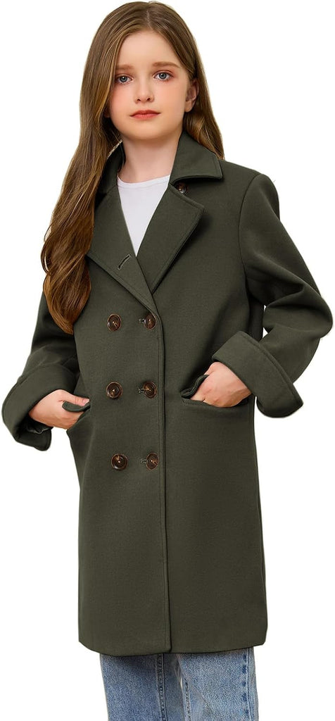 Girls Coat Double Breasted Notched Collar Wool Blend Long Trench Coat Winter Warm Peacoat Dress Coat with Pockets
