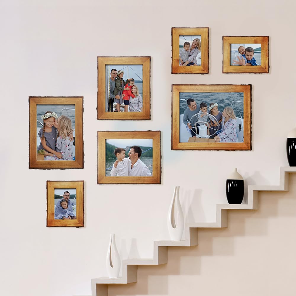 8x8 Picture Frames Wood, Rustic Bark Edge Frame, Solid Wood, Brown