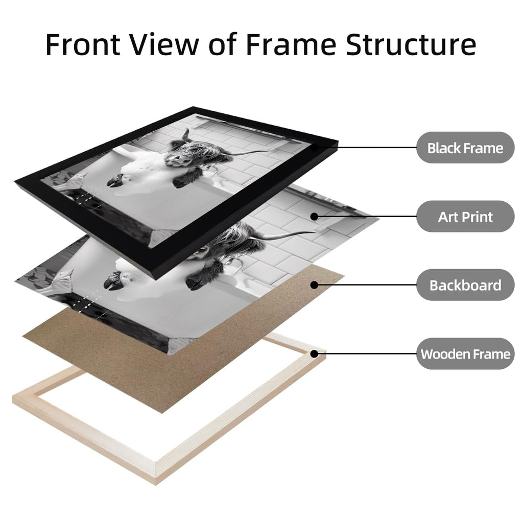 Highland Cow Bathroom Decor Framed Wall Art Farmhouse Black and White 3pcs Funny Animal In Toilet Picture Prints Cute
