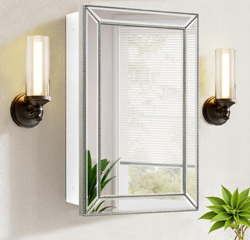 Bathroom Medicine Cabinet with Silver Metro Beaded Wooden Frame, 16x26 Inch Retro Bevel Mirror, Recessed or Surface