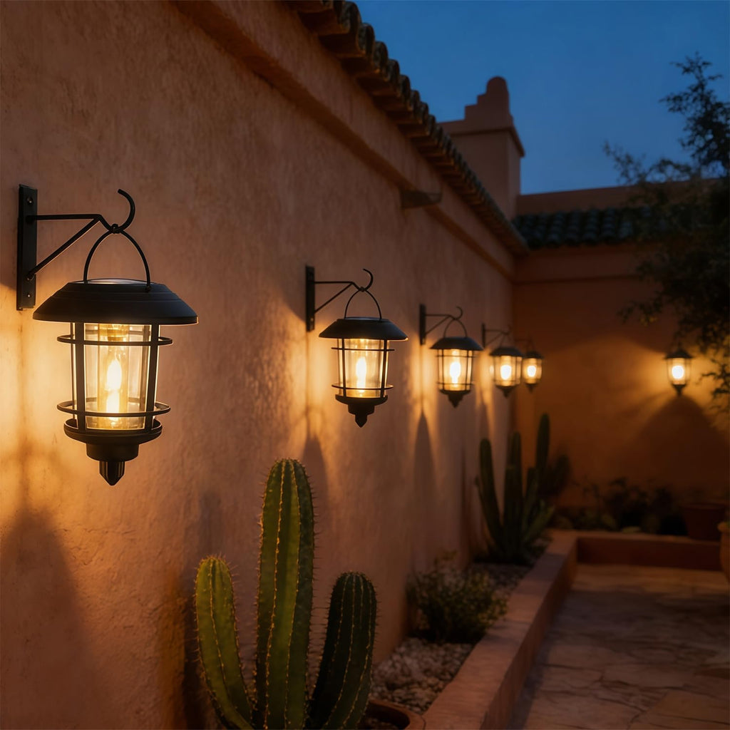 4 Pack Solar Lanterns Outdoor, Hanging Lantern Solar Garden Lights with Edison Bulb, Wall Mounted LED Light Auto