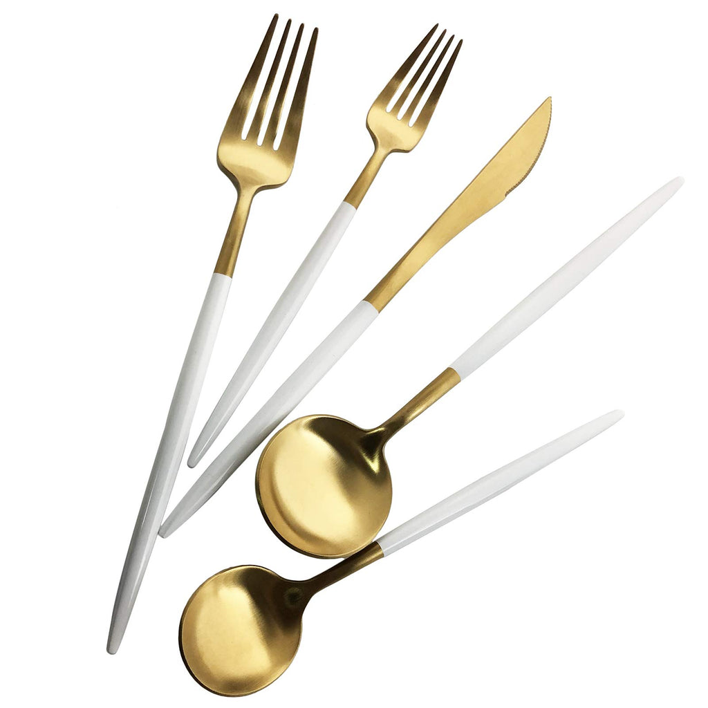 Silverware Set, Hand polished Matte Gold White Flatware Cutlery Set Service for 2, Satin Finish 10 Pieces 18/10