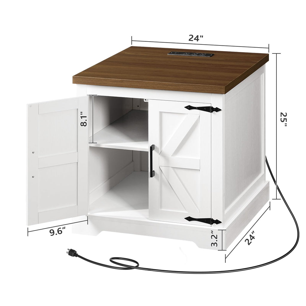Farmhouse End Table with Charging Station, 24" Large Sofa Table with Barn Door, Rustic Square White Nightstand with