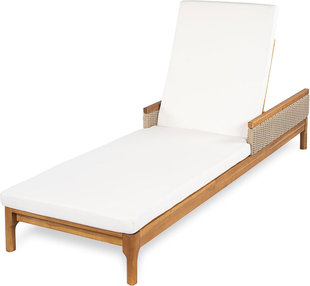 Outdoor Acacia Wood Chaise Lounge Chair Set of 2, Wooden Sunbathing Pool Lounger with Woven Rattan Accents