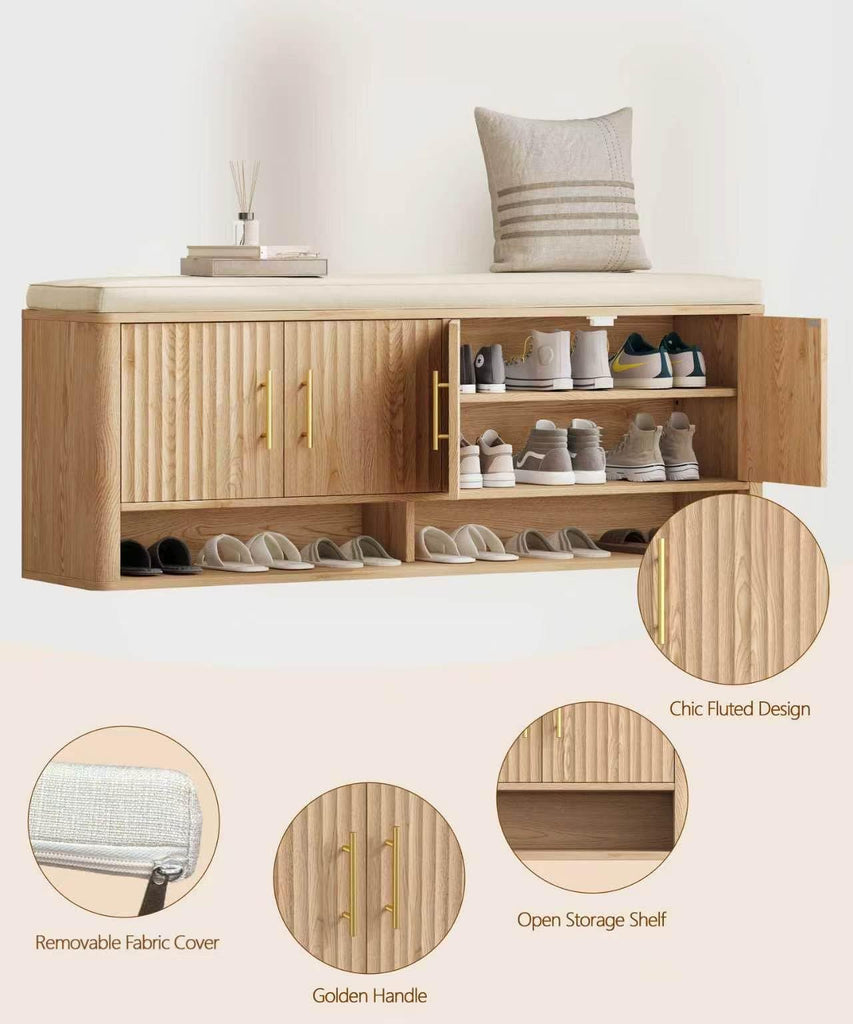 Fluted Shoe Storage Bench, Entryway Bench with Adjustable Shelves