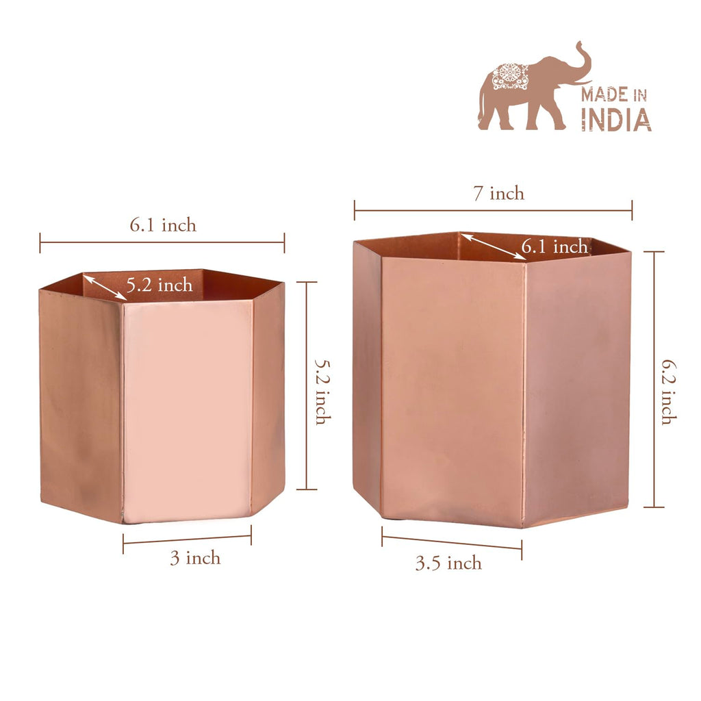 Copper Tone Metal Hexagon Succulent Cactus Planter Pots, Set of 2