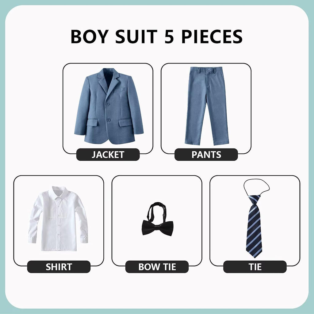 Boys Formal Suit Kids 5 Piece Suit Jacket Pants Set with Shirt Tie