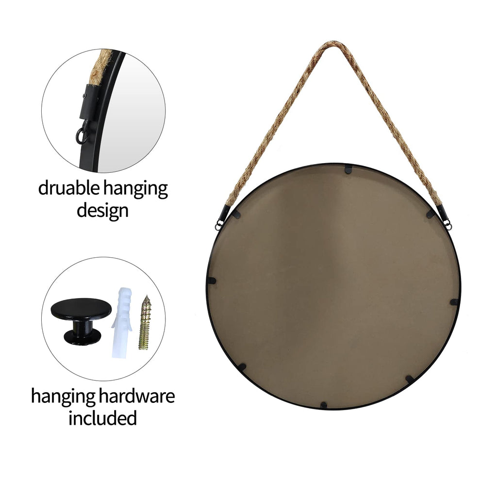 15" Small Round Hanging Mirror, Circle Wall Mirror with Jute Rope