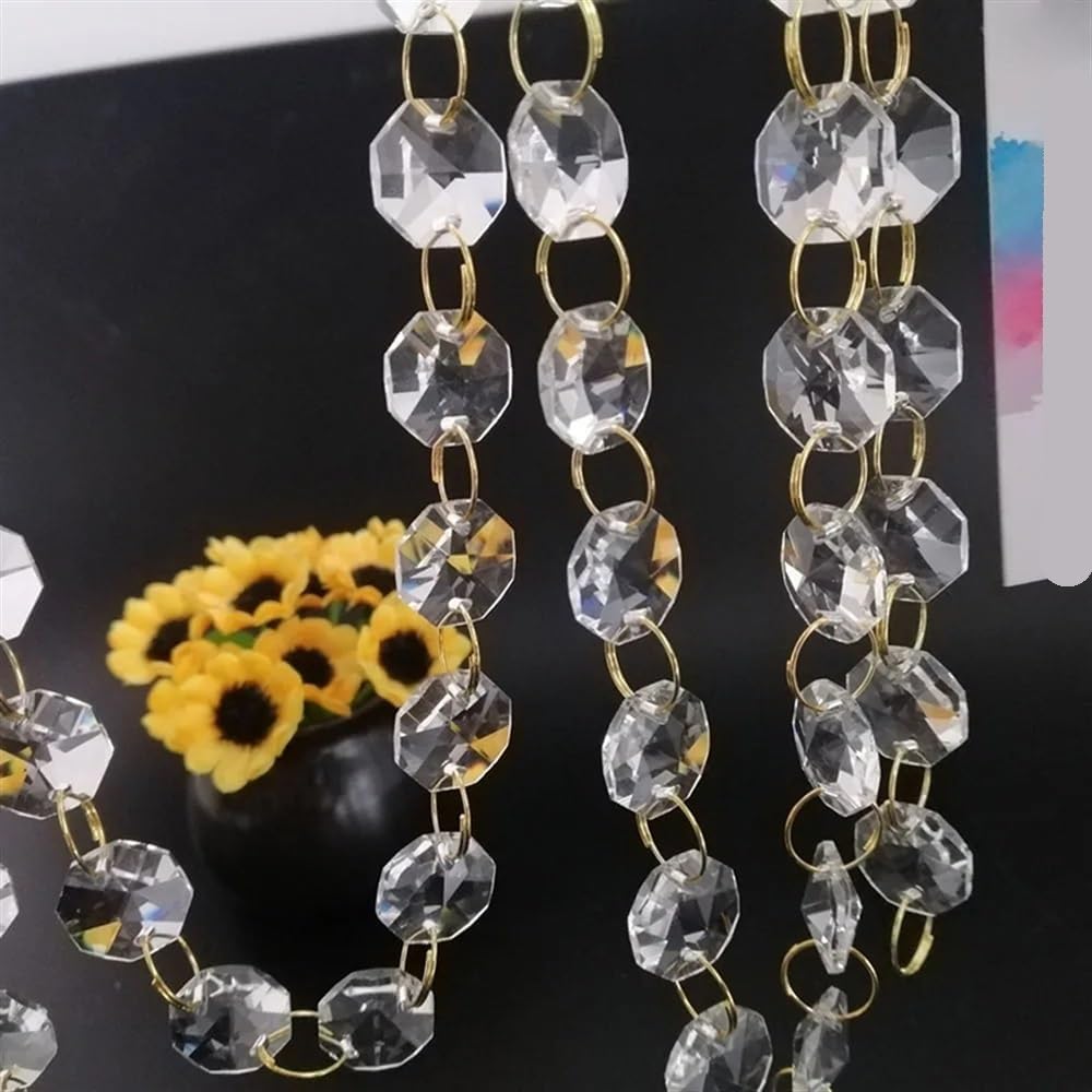 Hanging Crystals Prisms 100cm/3.3ft (Gold Ring) Clear 14mm Crystal Octagonal Beads Chain Garland Chandelier Lamp Part