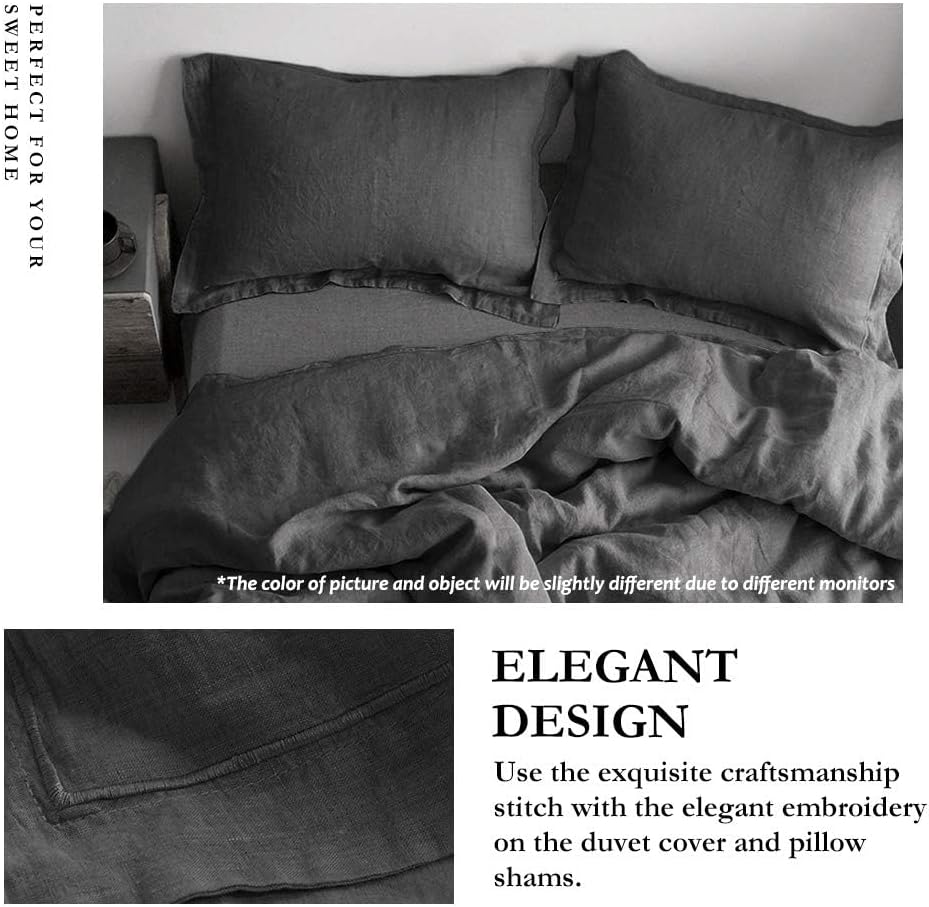 100% French Flax Linen Duvet Cover Set with Embroidery Washed - 3 Pieces (1 Duvet Cover with 2 Pillow Shams) with - Set of 3