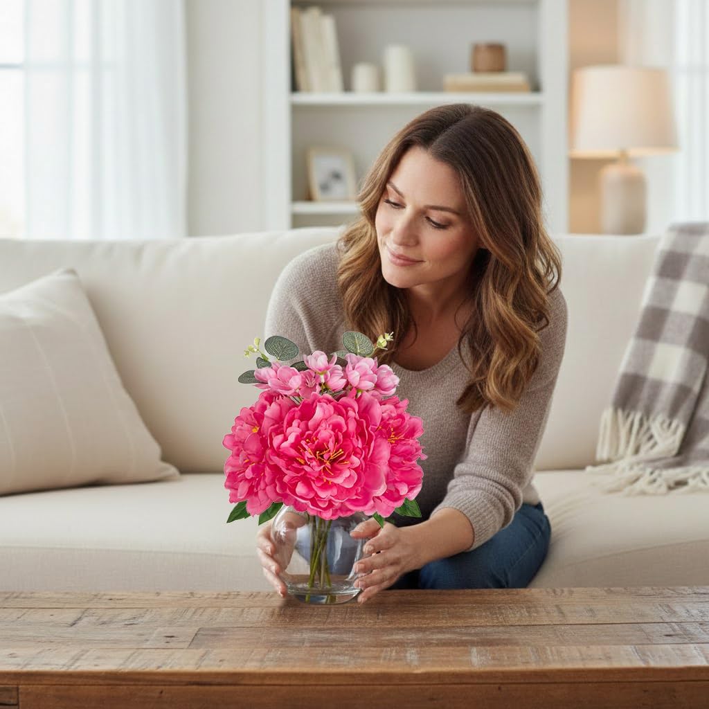 Fake Flowers in Vase Pink Peonies Artificial Flowers Peony Bouquet Silk Flower Arrangements with Glass Vase with Faux