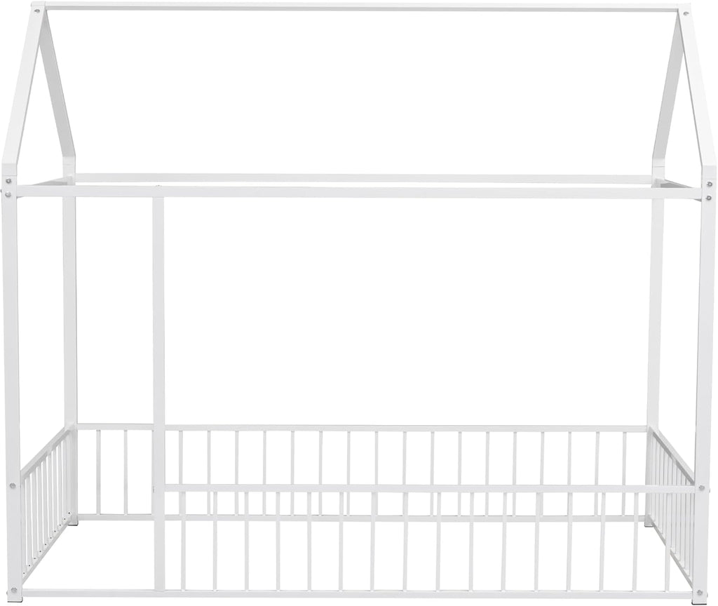 Twin Size Montessori Floor Bed, Metal House Bed Frame for Kids, Floor Beds with Fence, White