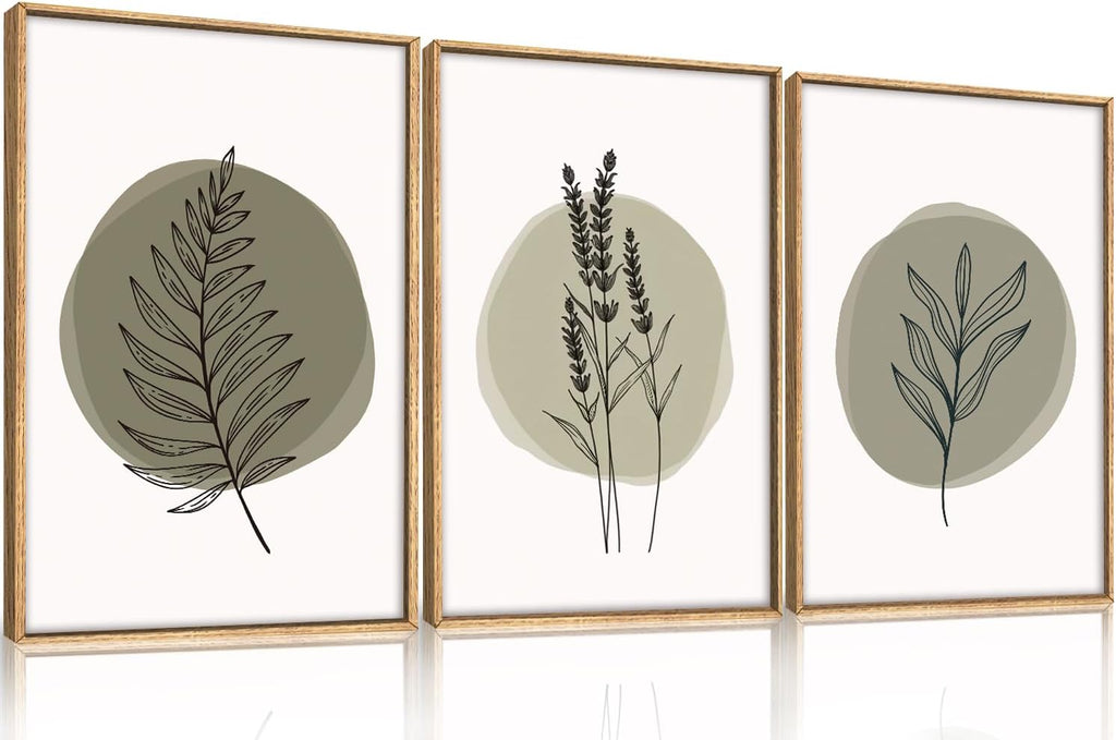 Spring Sage Green Leaves Framed Canvas Wall Art Set,Minimalism Boho Leaf Wall Decor, Modern Nature Botanical Wall