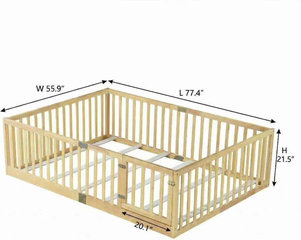 Toddler Floor Bed with Door&High Rails, Natural