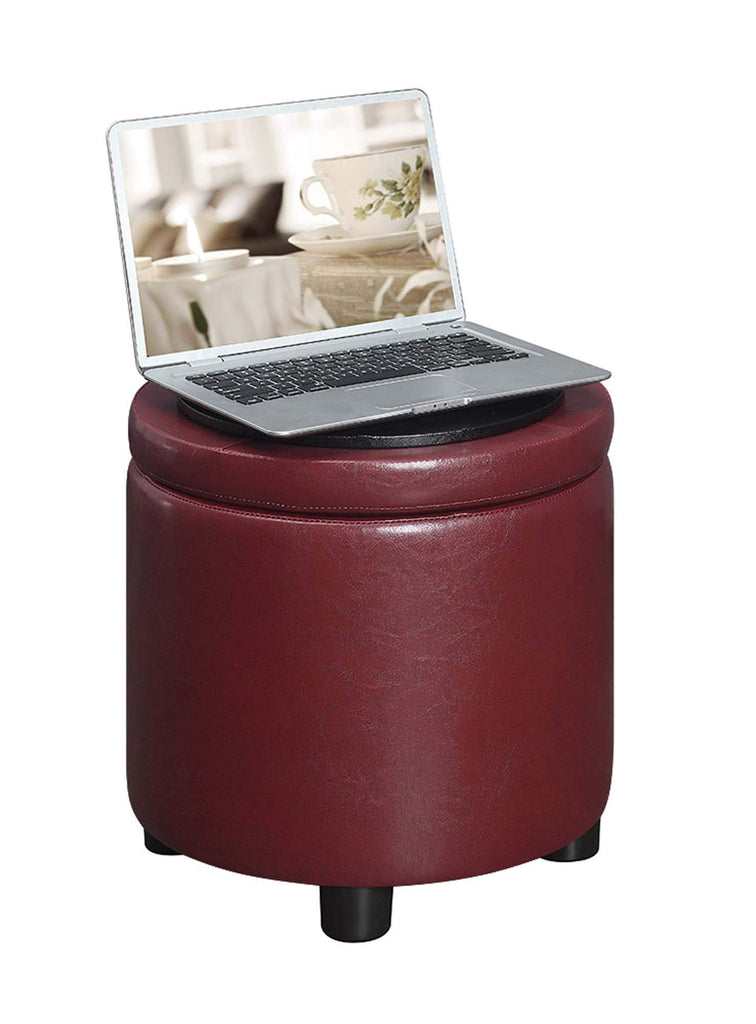 Designs4Comfort Round Accent Storage Ottoman in Burgundy Red Faux Leather Finish