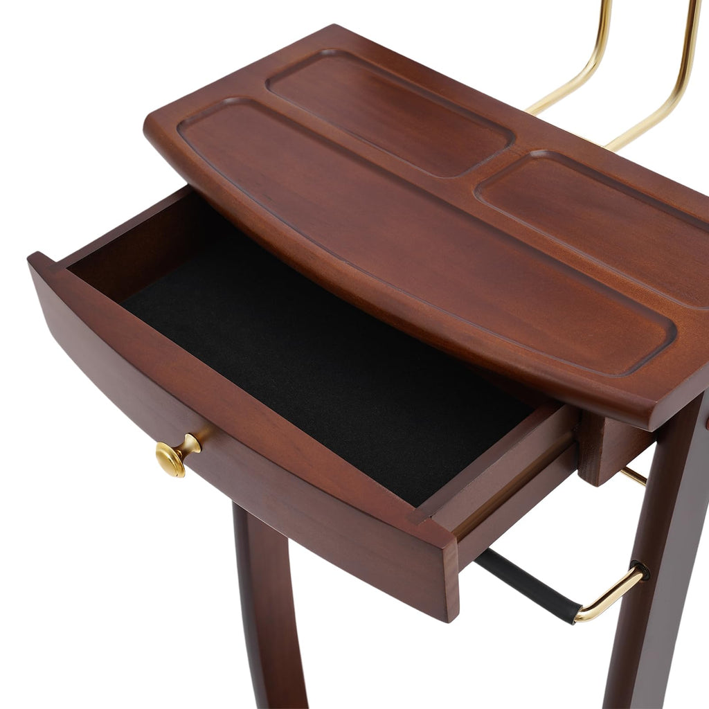 Freestanding Wood Mens Valet Stand with Drawer, Clothes Butler with Base, Suit Hanger Rack Living Room Bedroom