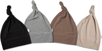 Organic Cotton Set-of-4 Baby Hats, Knotted Buttery-Soft Baby Hats Jet, Heather, Cocoa, Sand in Size Newborn