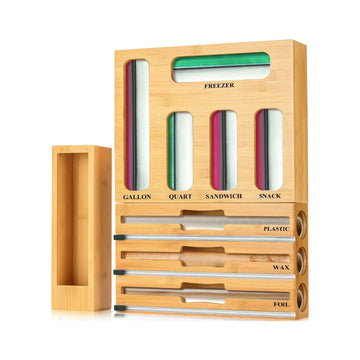 9 in 1 Bamboo Kitchen Drawer Organizer for Storage Bags, Foil & Plastic Wrap Holder with Built-In Cutter, Fits