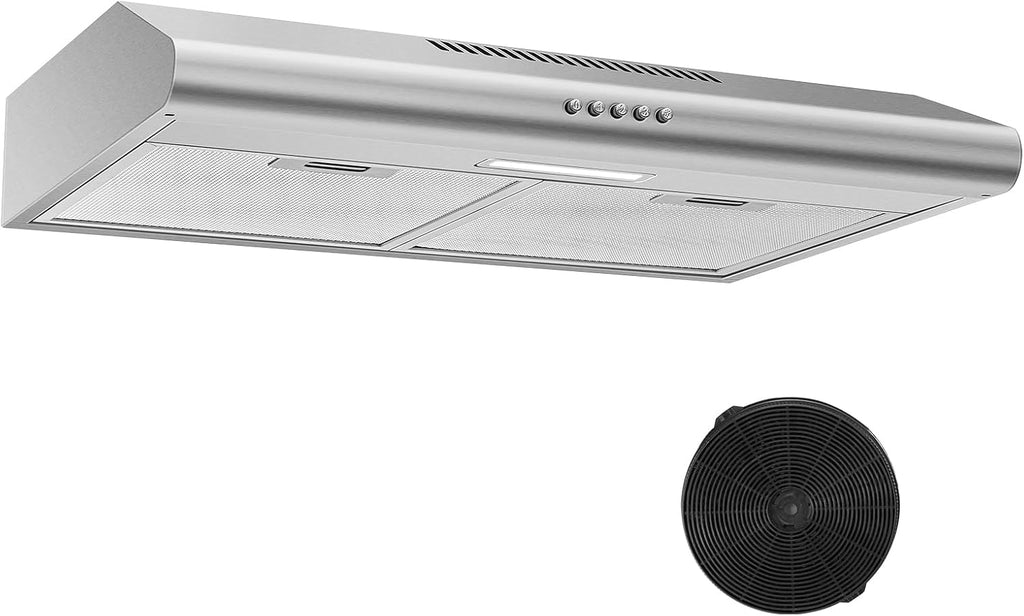 24 Inch Stainless Steel Under Cabinet Range Hood 280 CFM LED Lights, Charcoal Filter Convertible Ducted/Ductless