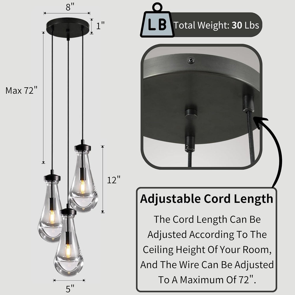 3-Light Raindrop Pendant Light Fixtures, Black Glass Pendant Lighting, Teardrops Modern Hanging Light for Entryway Foyer Kitchen Island Dining Living Room Hallway A121-B0D4B1XB9B