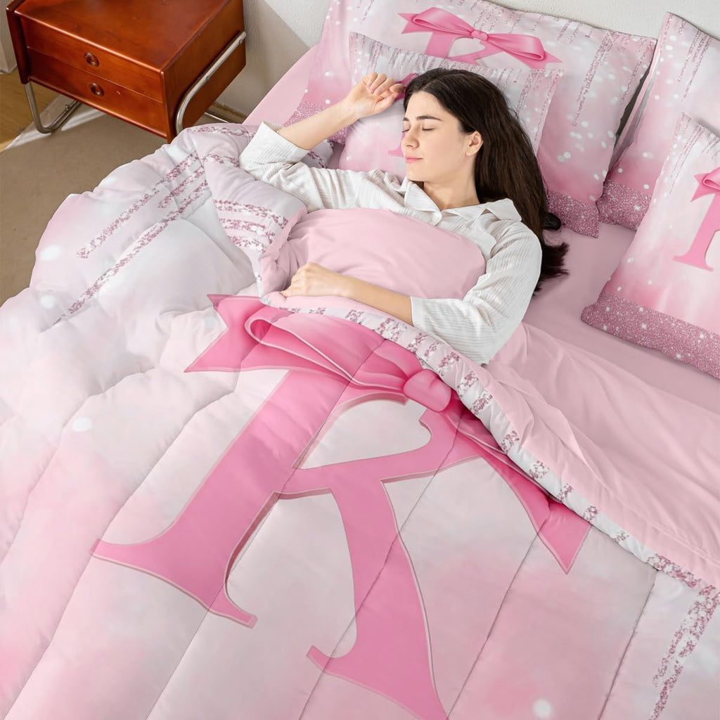 Kids Pink Bowknot 7 Pieces Bedding Set Full, Personalized Initial K Bed in A Bag Princess Glitter Comforter Set with