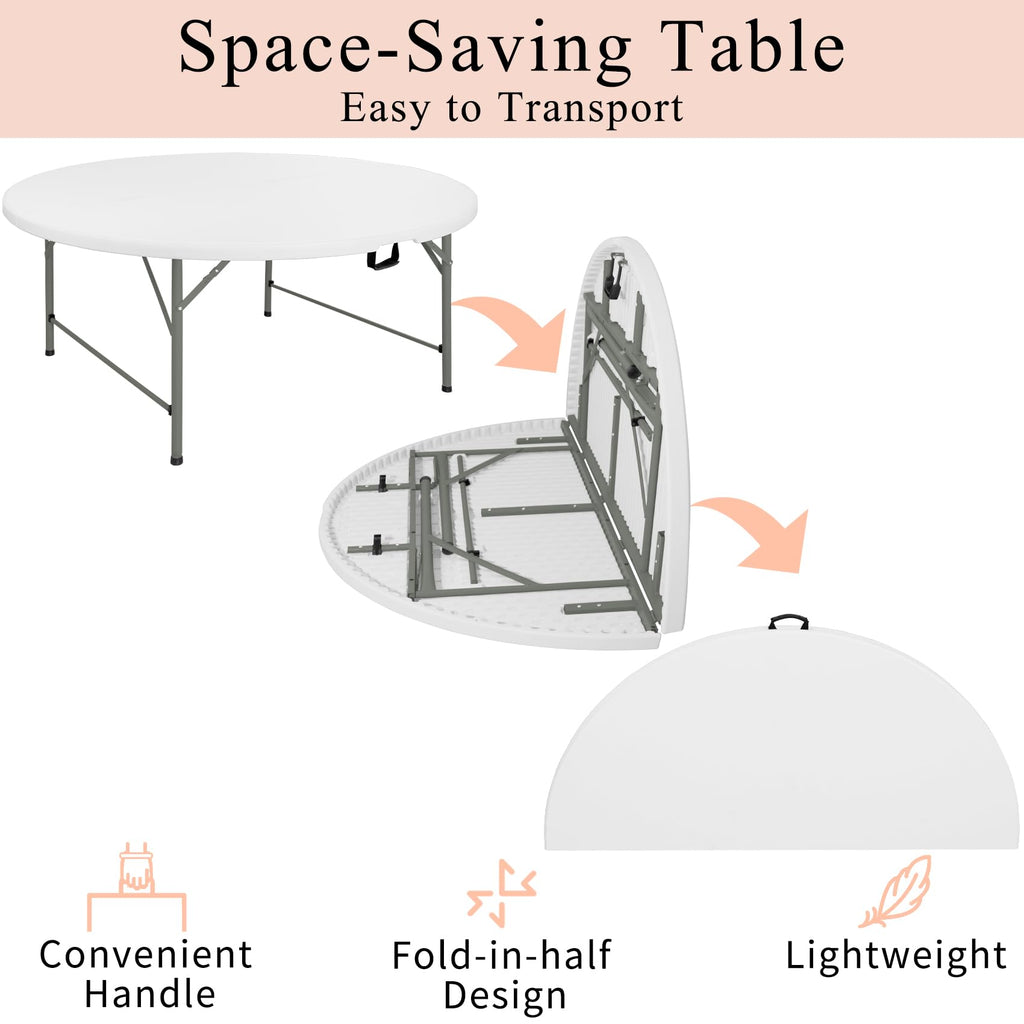 6 FT Round Folding Tables with Carrying Handle 72 inch Heavy Duty Portable Plastic Commercial Table Steel Legs for