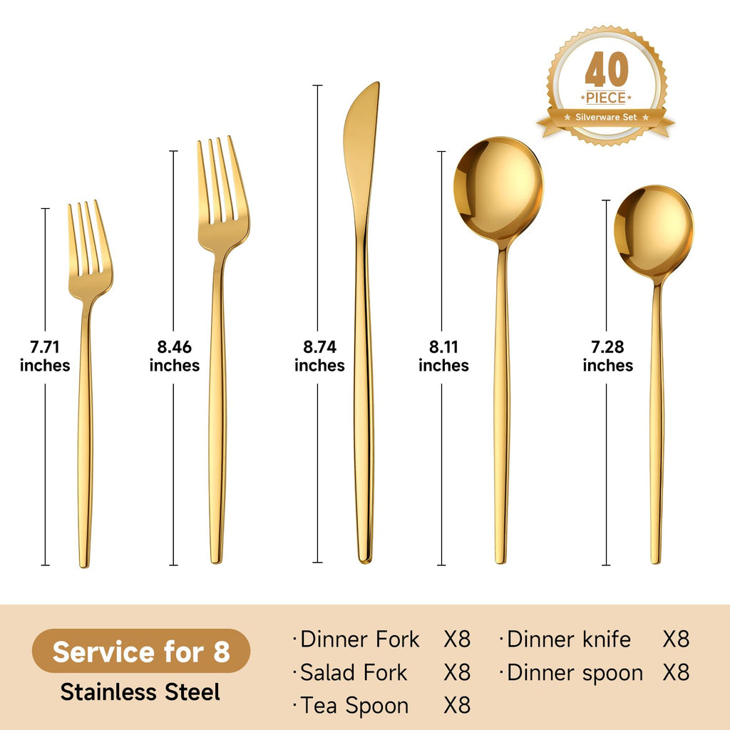 Gold Silverware Set for 8, 40 Piece Stainless Steel Flatware Cutlery Set
