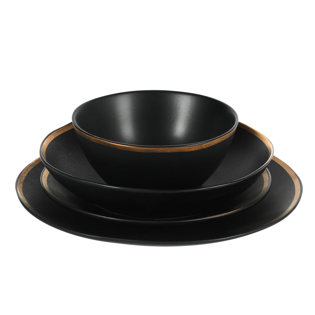 Kings Road Double Plates and Bowl Organic Round Porcelain Dinnerware Set - Matte Black w/Gold Rim