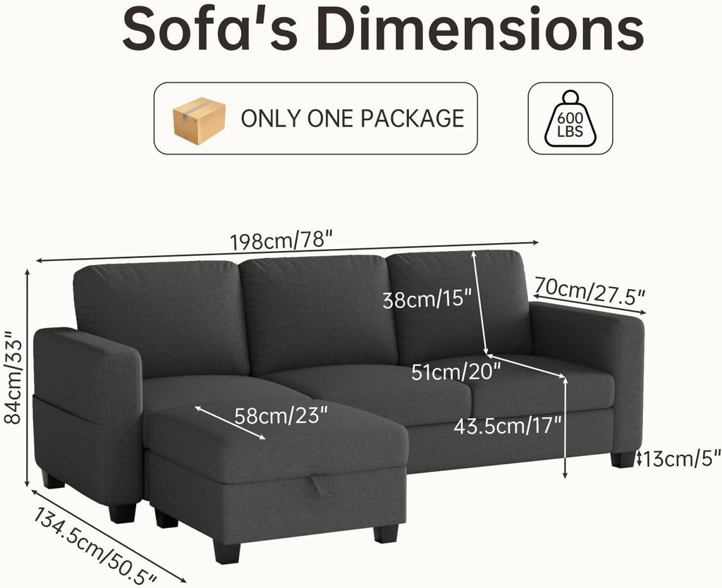 Sectional Couches for Living Room Convertible 78" Small L Shaped Grey Couch 3 Seater Sofas with Storage Removable