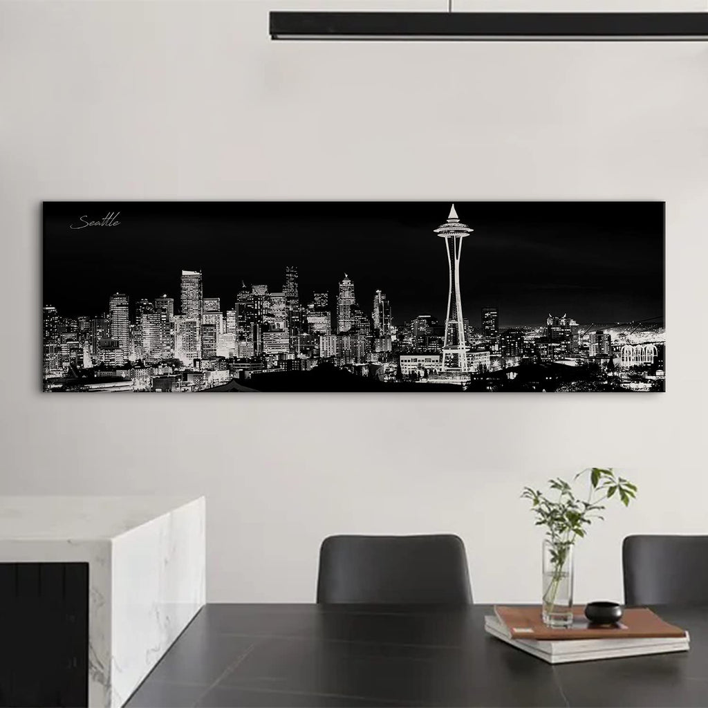 Seattle Skyline Wall Black and White Washington Cityscape Picture Space Needle Panoramic Artwork Urban Building