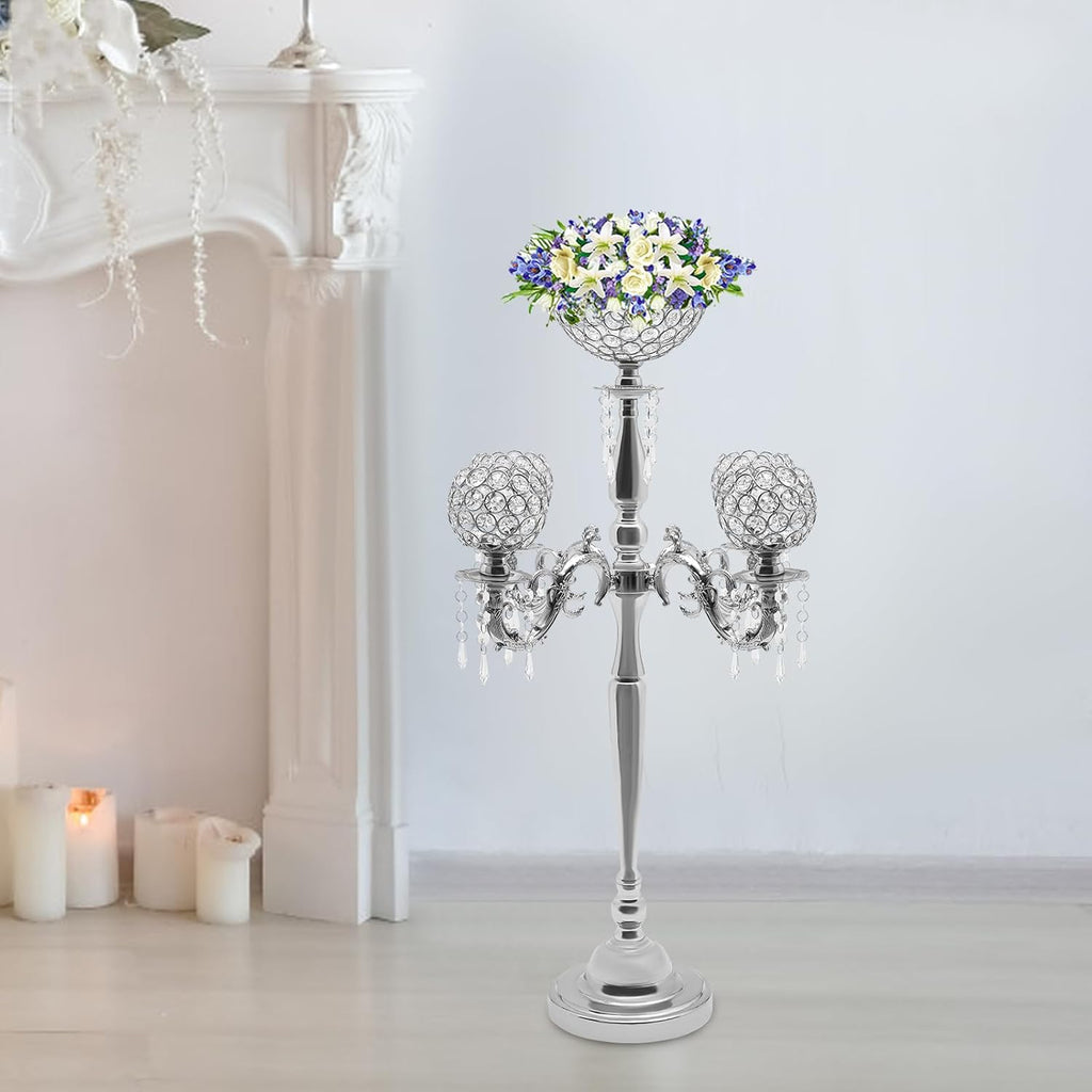 5 Arm Crystal Candelabra Centerpieces, Silver Tall Floor Crystal Candelabra w/Flower Vase for Centerpieces 20.4 *