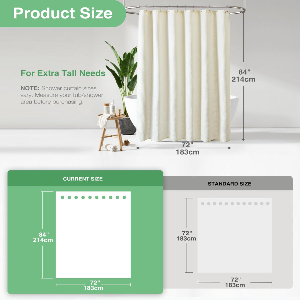 Extra Long Waffle Shower Curtain 256 GSM Fabric 72x84 Cream/Ivory